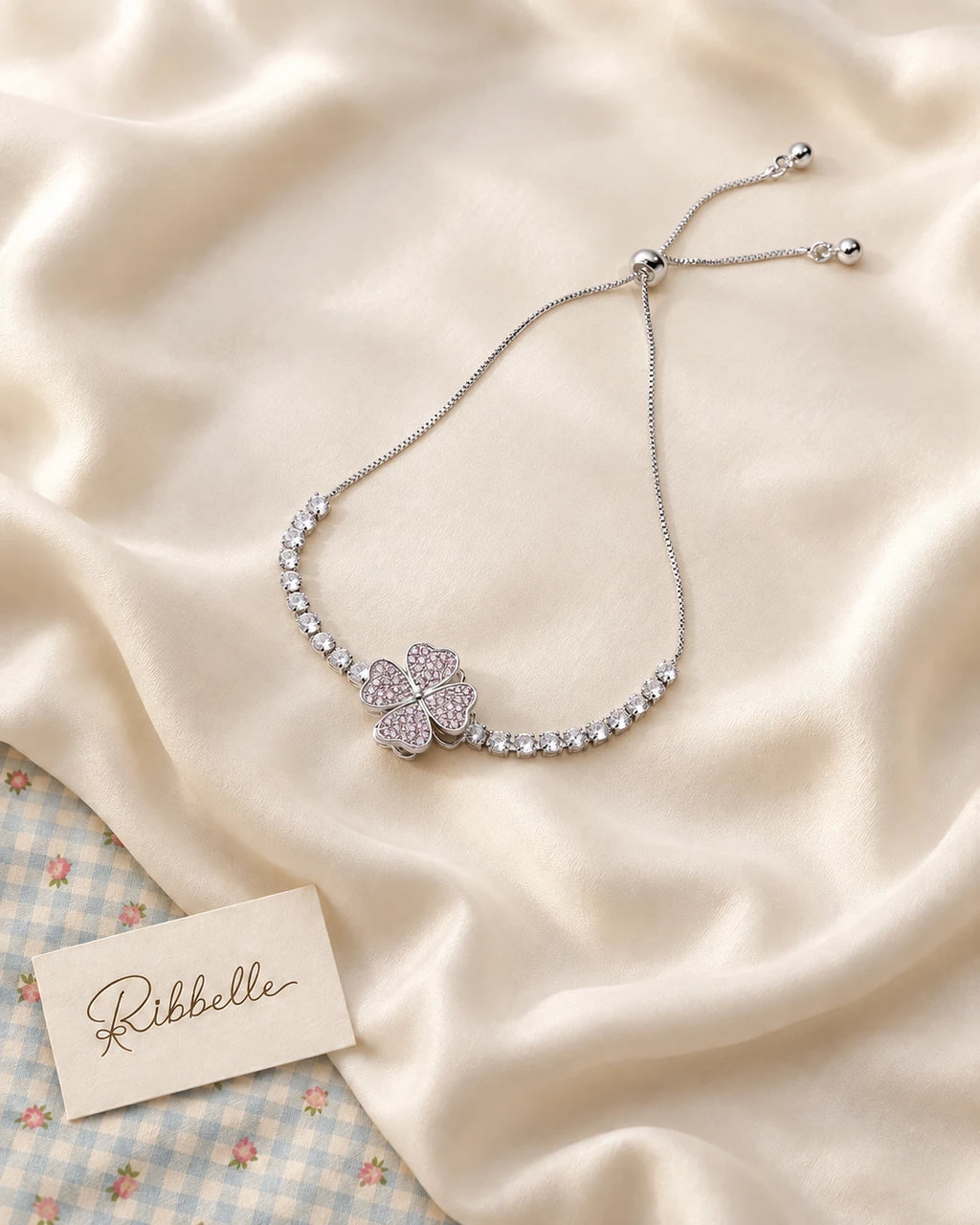 Silver Pink Clover Set — Bracelet