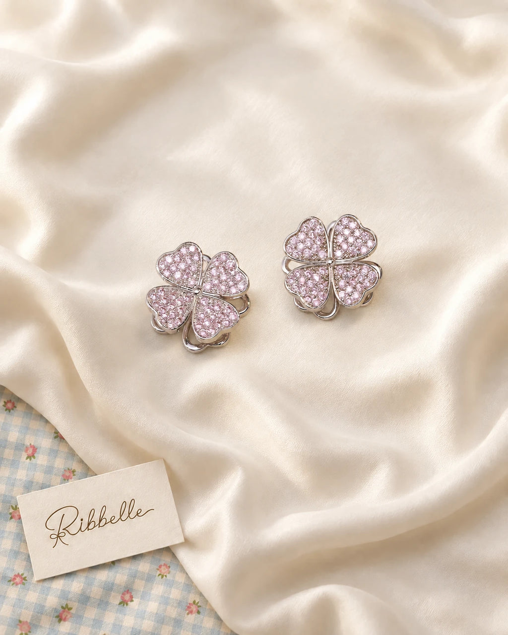 Silver Pink Clover Set — Earrings