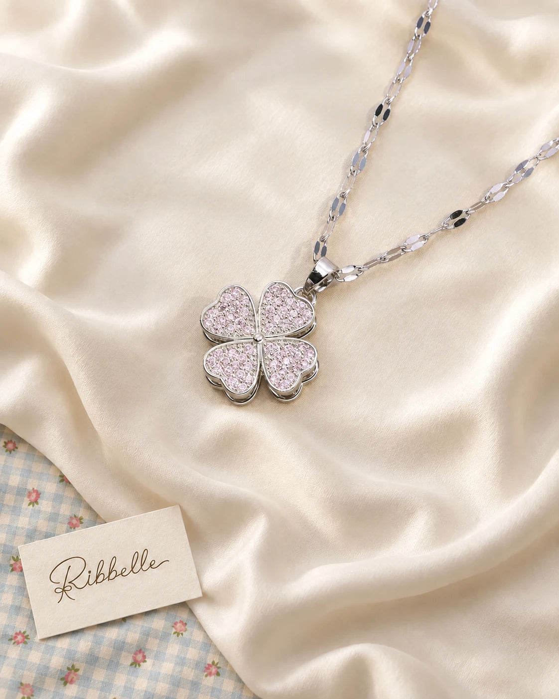 Silver Pink Clover Set — Necklace
