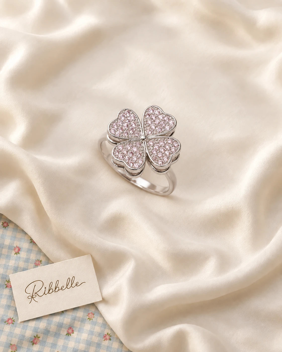 Silver Pink Clover Ring