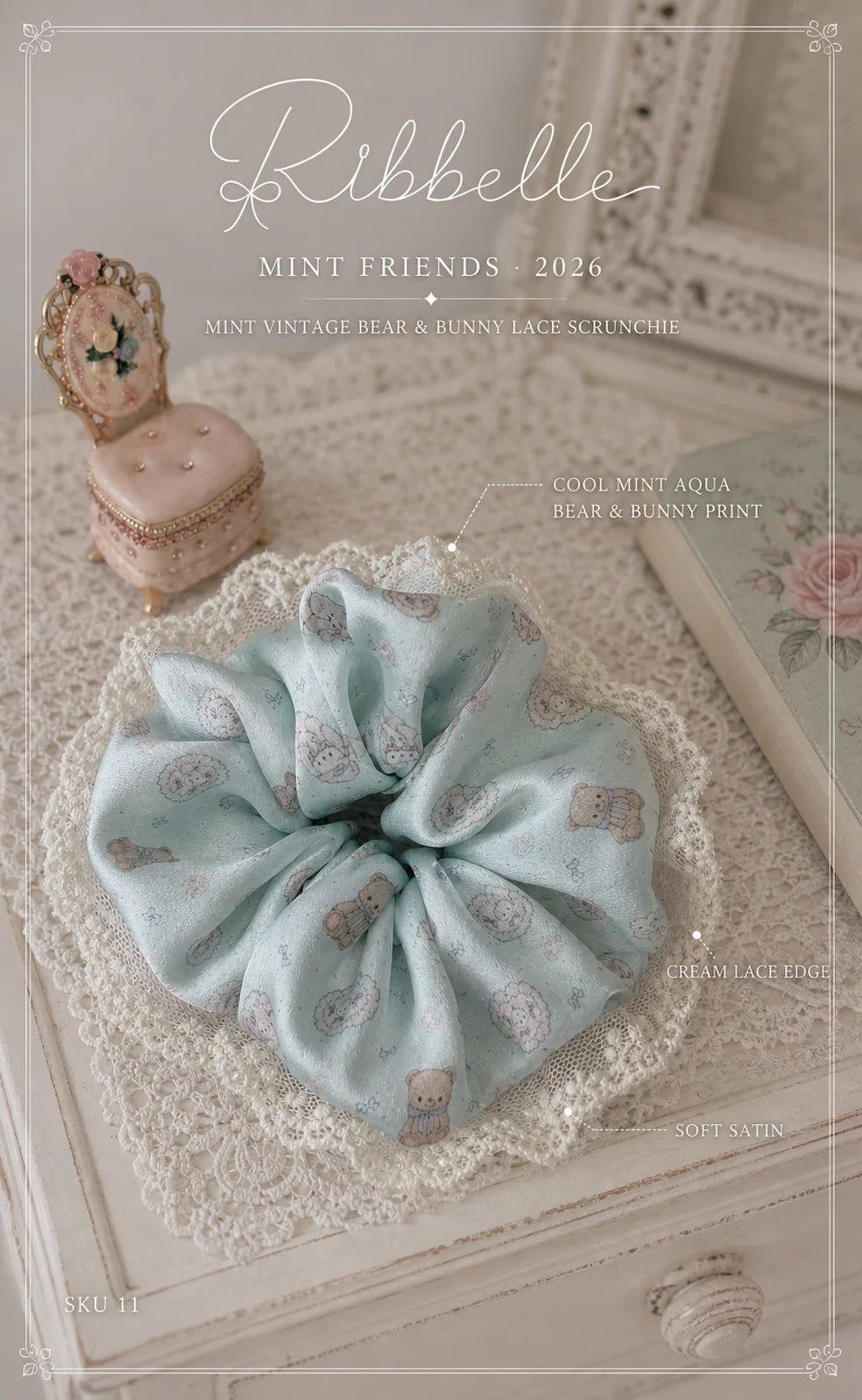 Mint Friends lace scrunchie