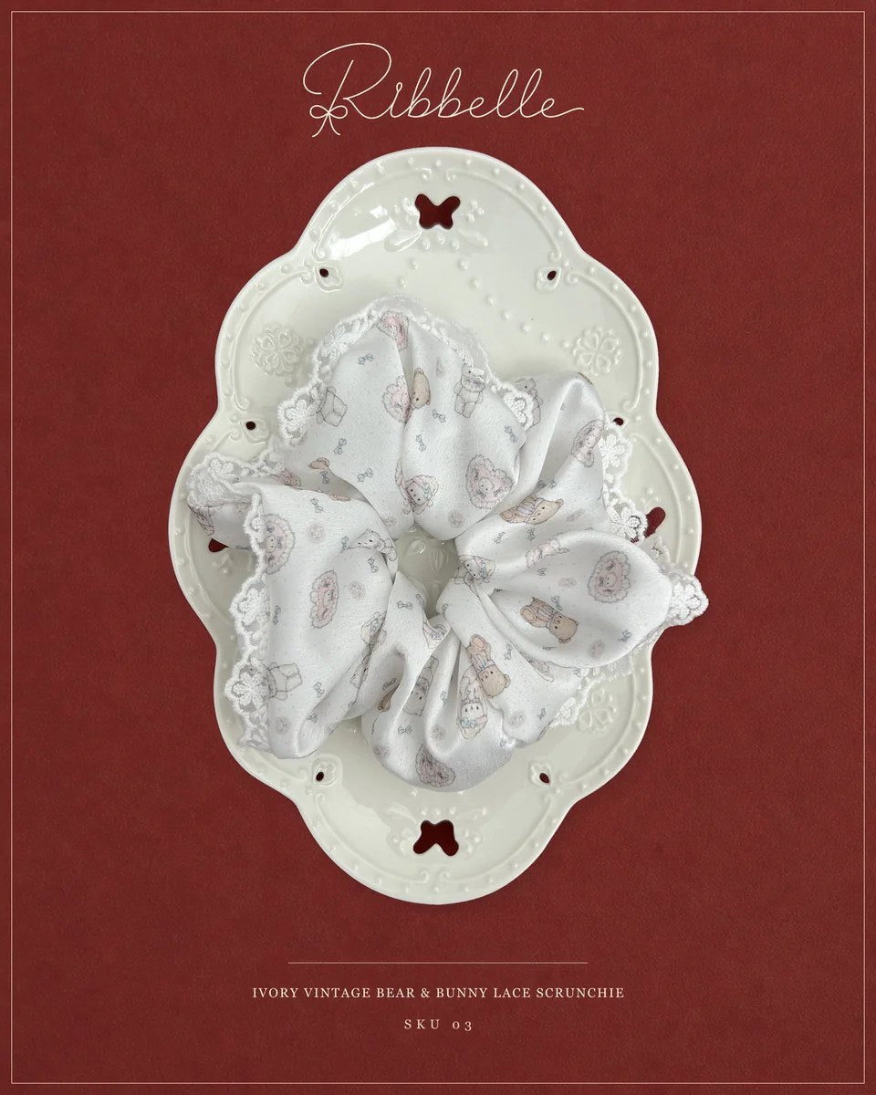 Ivory Vintage Bear & Bunny lace scrunchie